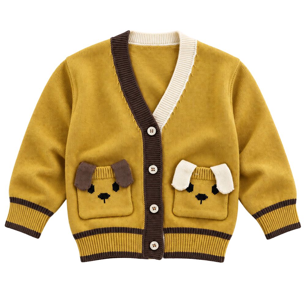 Little Surprise Box, Olive Yellow V-Neck Puppy Pocket V Neck Winter Cardigan Sweater for Kids