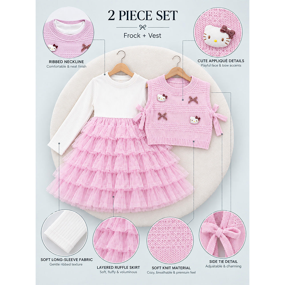 Little Surprise Box, Pink Kitty Knitted Vest & White-Pink Ruffle Frock Winterwear 2 Pcs Set for Girls