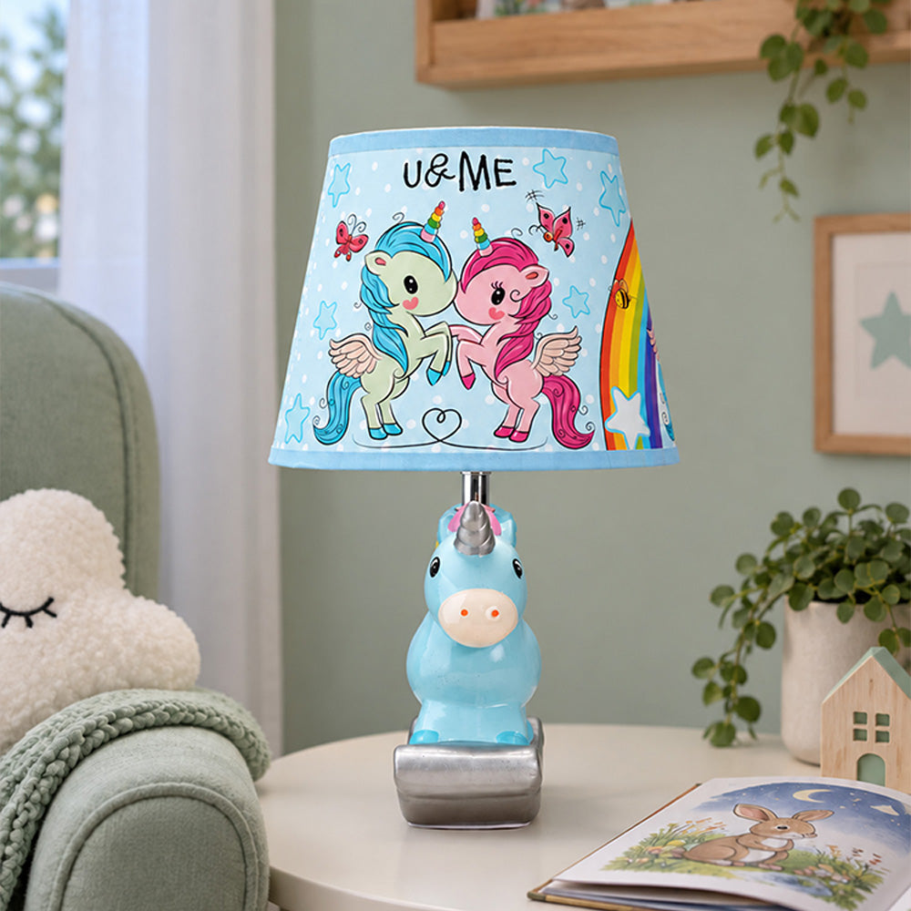 Little Surprise Box, Pink ceramic Rocking Unicorn side Bed Table Lamp, Kids Room Decor