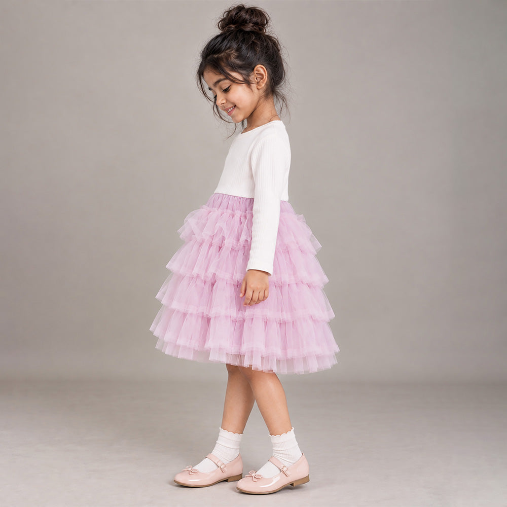 Little Surprise Box, Pink Pearl & Silver Bow Cardigan & White-Pink Ruffle Frock, Winterwear 2 Pcs Set for Girls