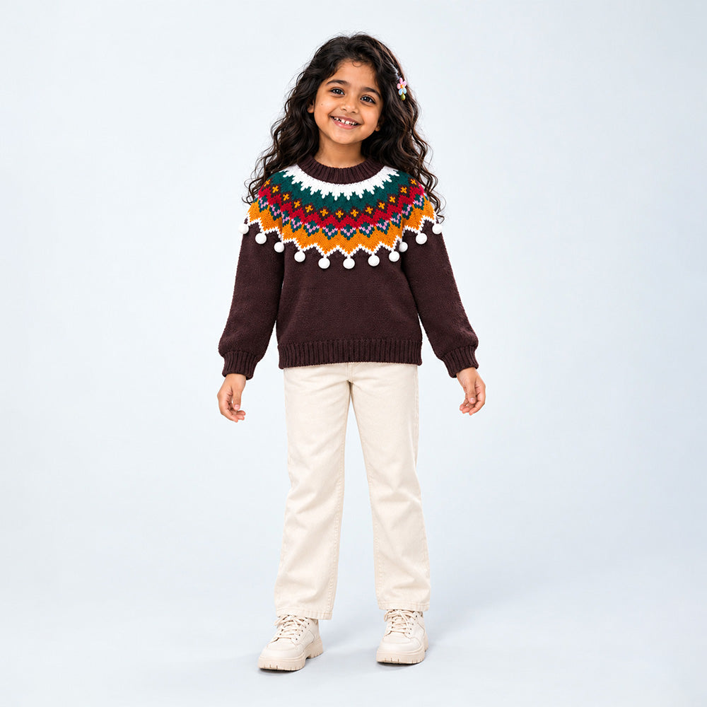 Little Surprise Box, Brown Multi Color Pompom Winter Cardigan Sweater for Kids