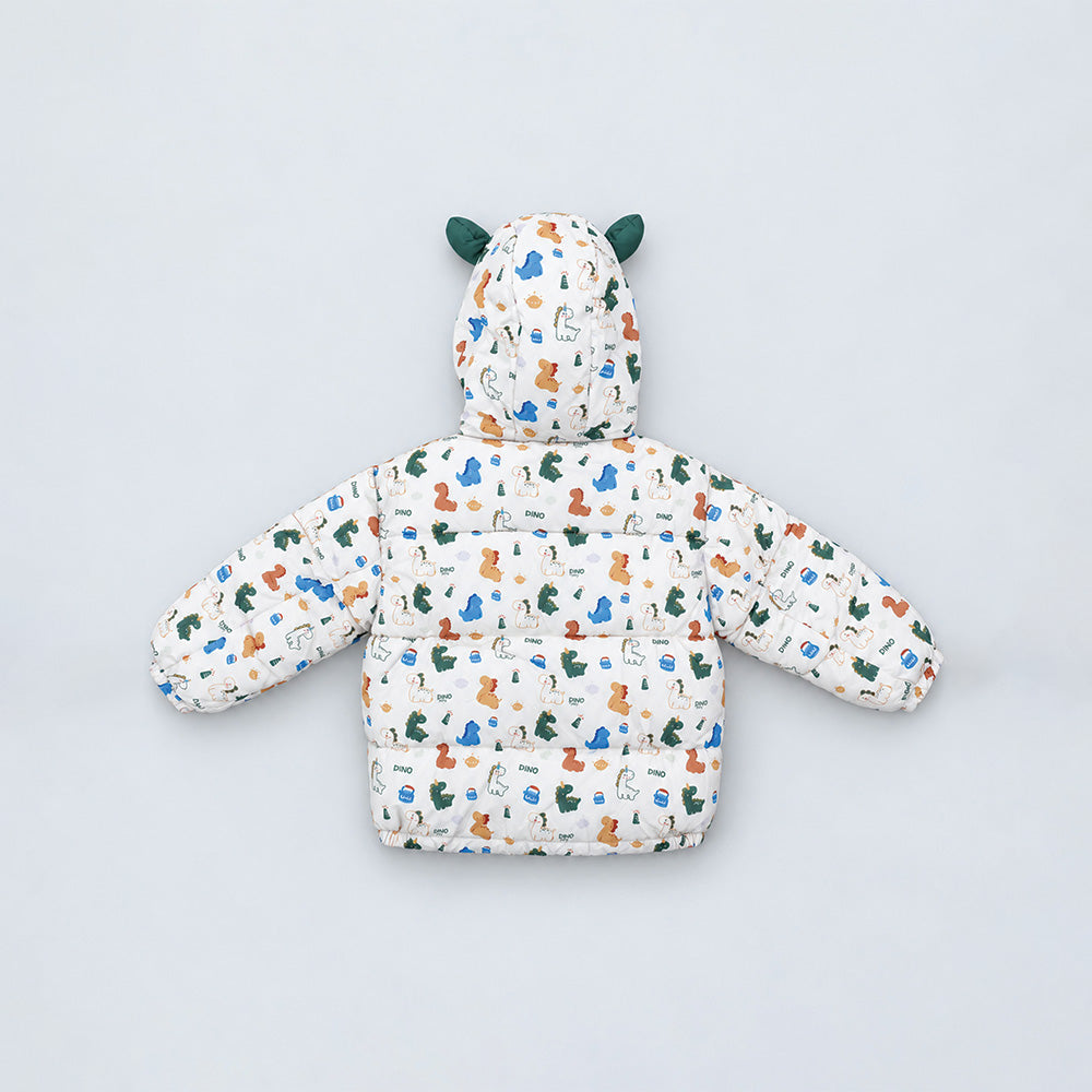 Little Surprise Box Cream & Green Baby Dino Quilted Hooded Winter Jacket for Kids