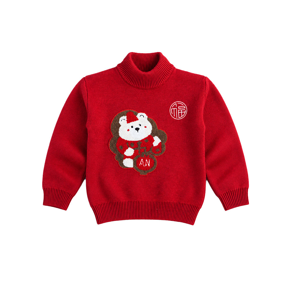 Little Surprise Box, Red White Bear Knitted Winter Cardigan, Christmas Sweater for Kids