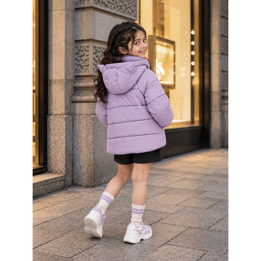 Little Surprise Box Purple Cat Glitter Quilted Hooded Winter Jacket with Muffler for Kids