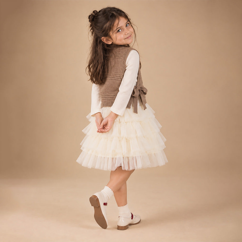 Little Surprise Box, Brown Kitty Knitted Vest & White-Ivory Ruffle Frock Winterwear 2 Pcs Set for Girls