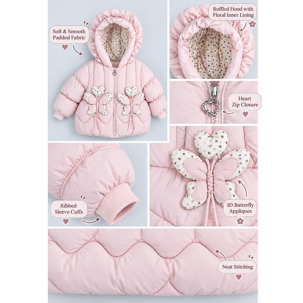 Little Surprise Box Peach Butterfly Heart Quilted Hooded Winter Jacket for Kids