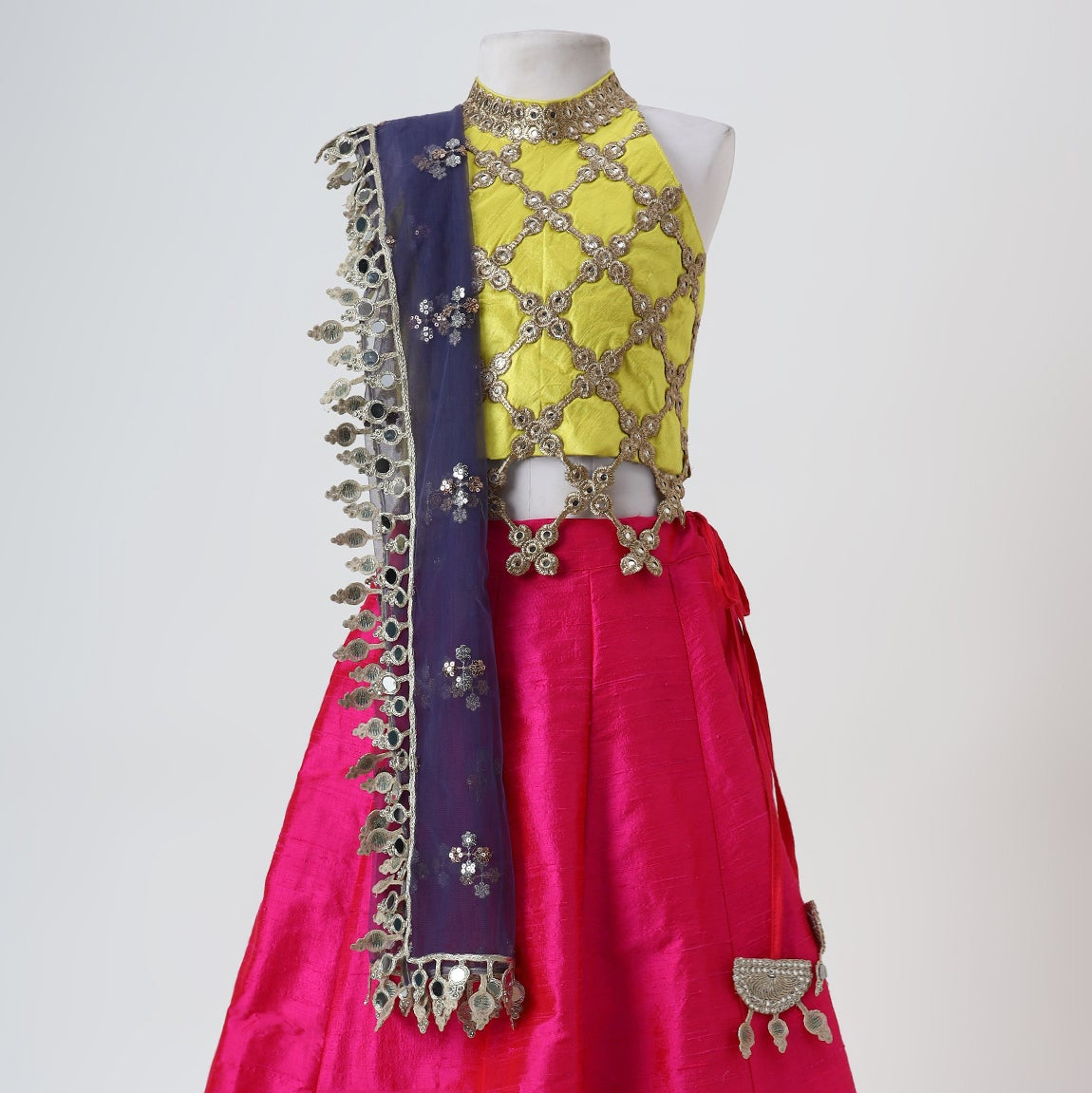 Yellow & Pink Organza Mirrorwork Lehenga Set - image 2