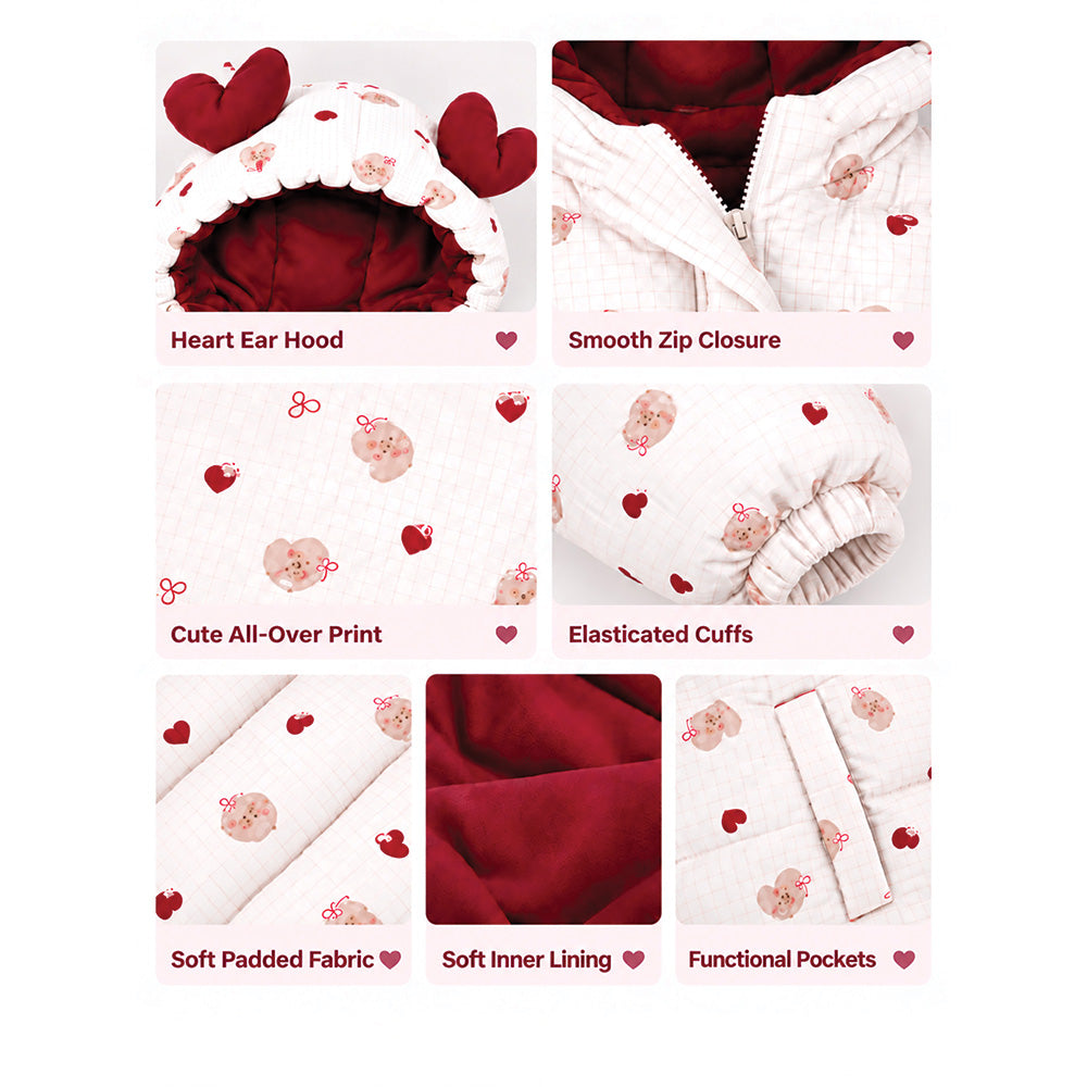 Little Surprise Box Cream & Maroon  Heart Teddy Quilted Hooded Winter Jacket for Kids