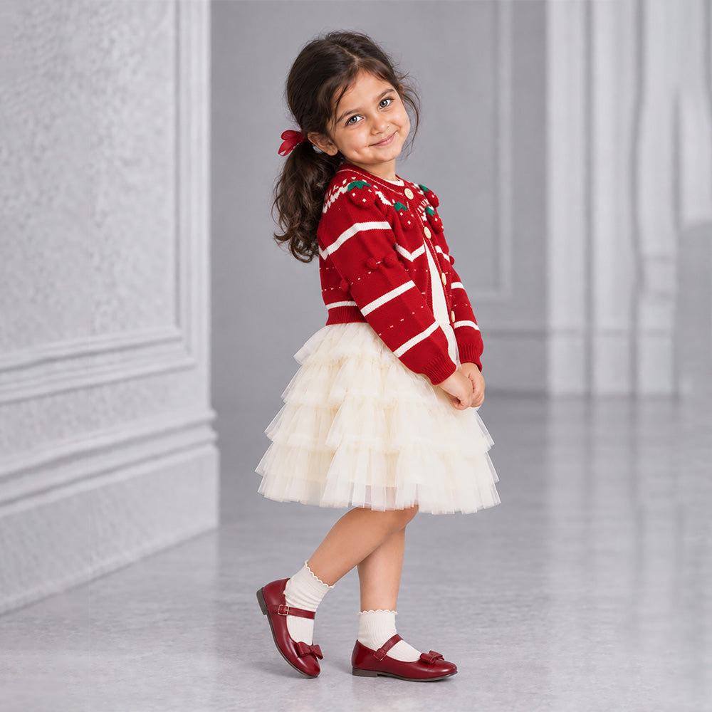 Little Surprise Box, Red Strawberry Cardigan & White-Ivory Ruffle Frock, Winterwear 2 Pcs Set for Girls