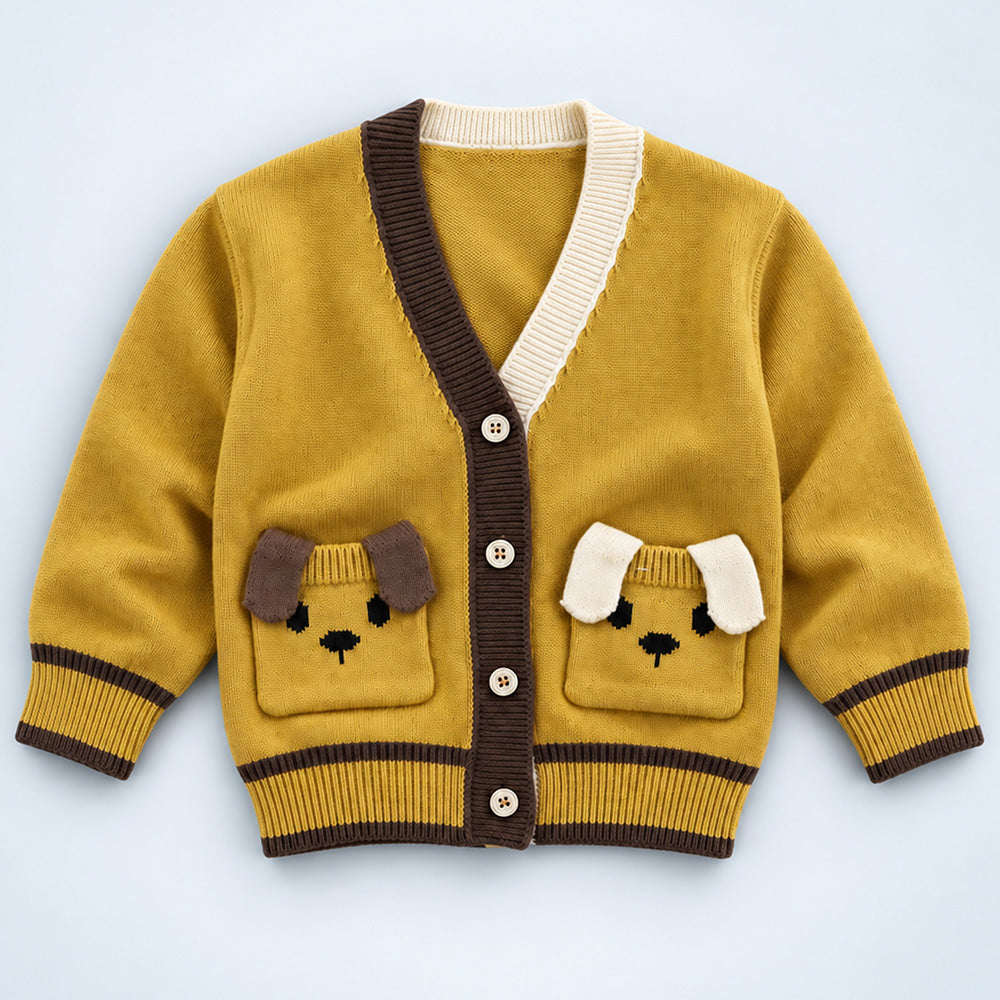 Little Surprise Box Puppy Pocket V-Neck Knitted Winter Cardigan for Kids