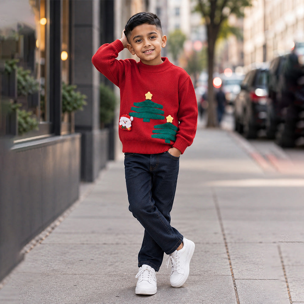 Little Surprise Box, Red Christmas 2 Tree & Santa Knitted Winter Cardigan, Christmas Sweater for Kids