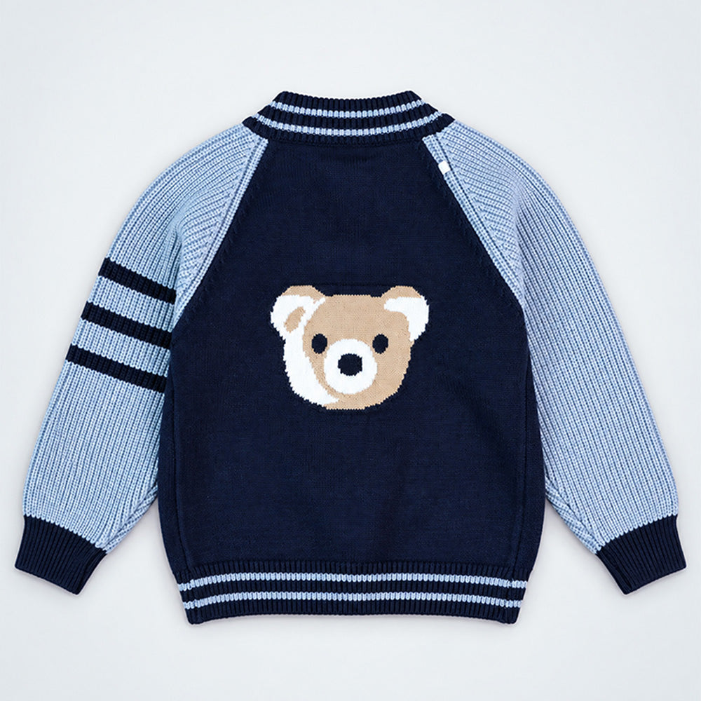 Little Surprise Box, Navy Blue & Grey Bear Varsity-Style Winter Cardigan Sweater for Kids