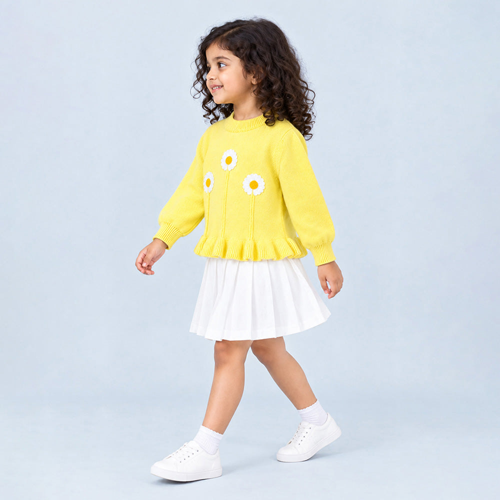 Little Surprise Box, Yellow Daisy Knitted Peplum Winter Cardigan Sweater for Girls