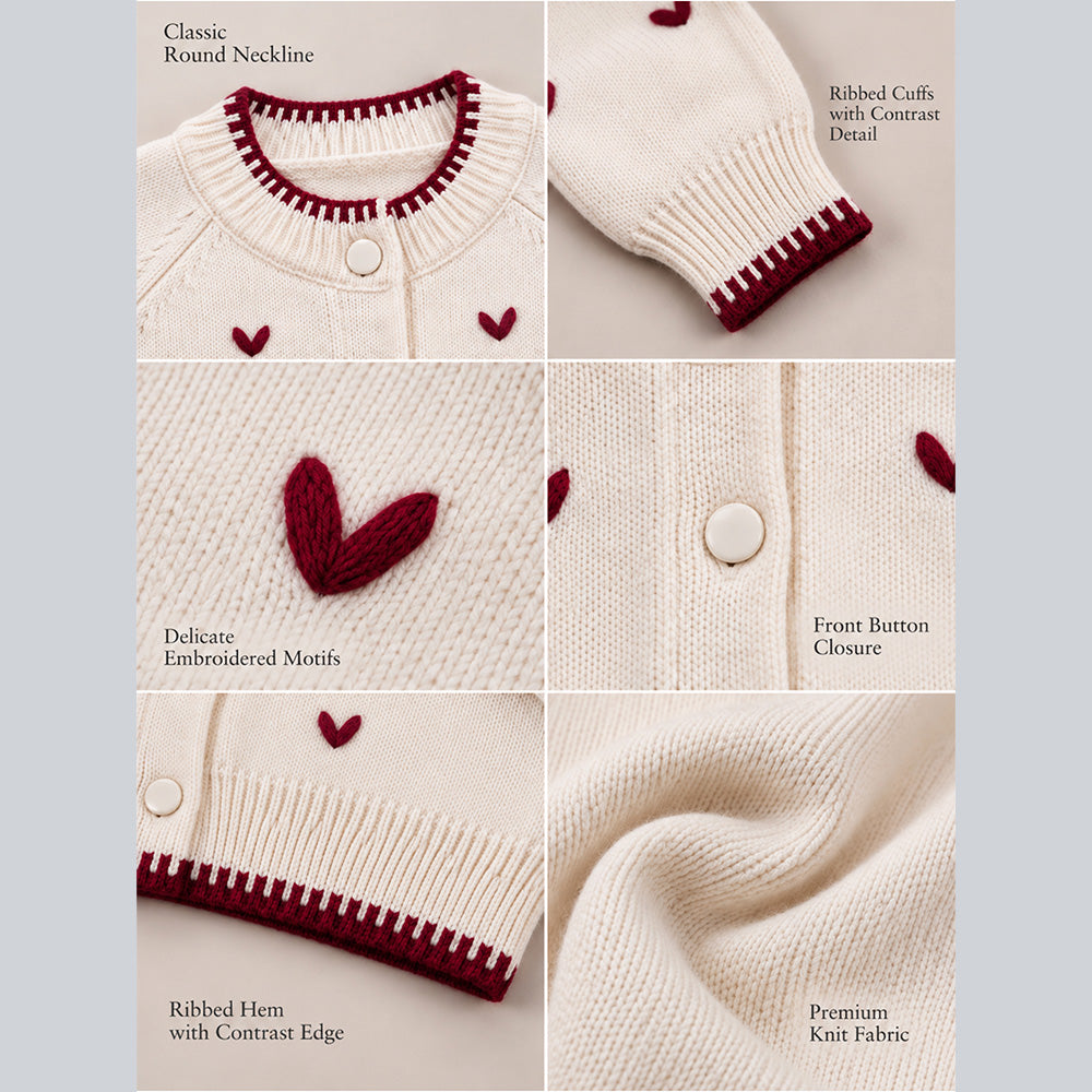 Little Surprise Box, Cream & Maroon Mini Hearts Knitted Winter Cardigan, Christmas Sweater for Kids