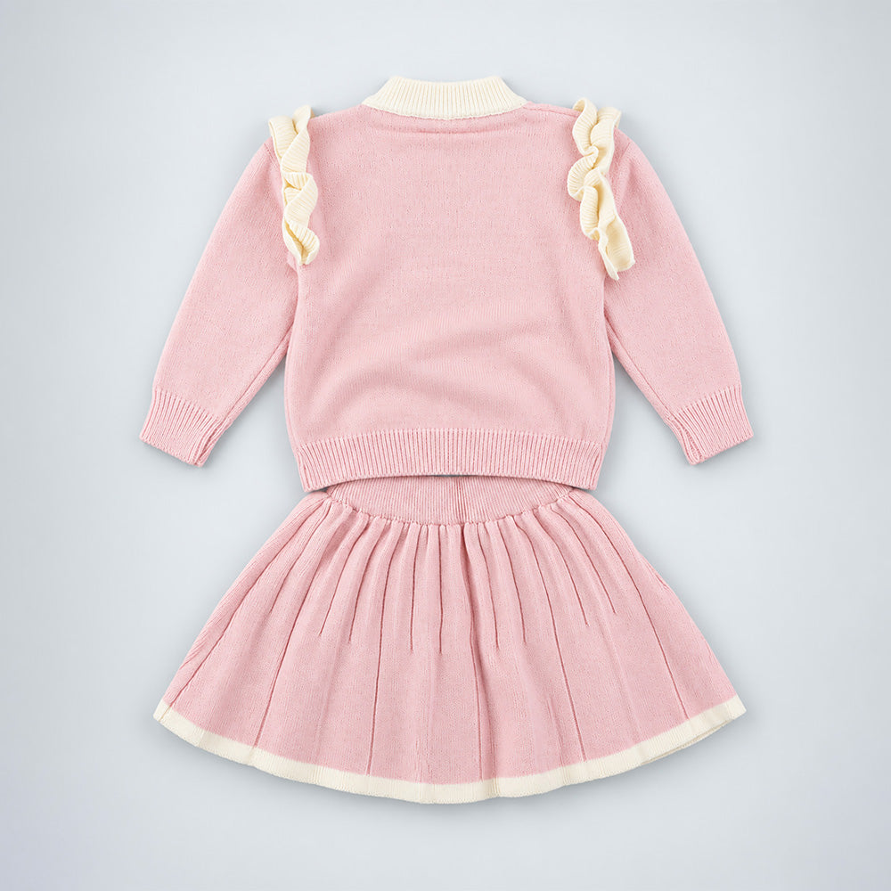 Little Surprise Box, Peach Bunny Sweater & Pleated Skirt, Winterwear 2 Pcs Set for Girls