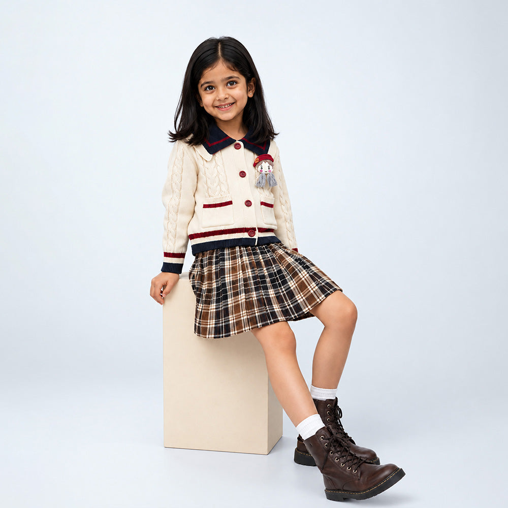 Little Surprise Box, Dusty Beige Cable-Knit Sailor Collar Winter Cardigan Sweater with Detachable Doll Clip for Girls