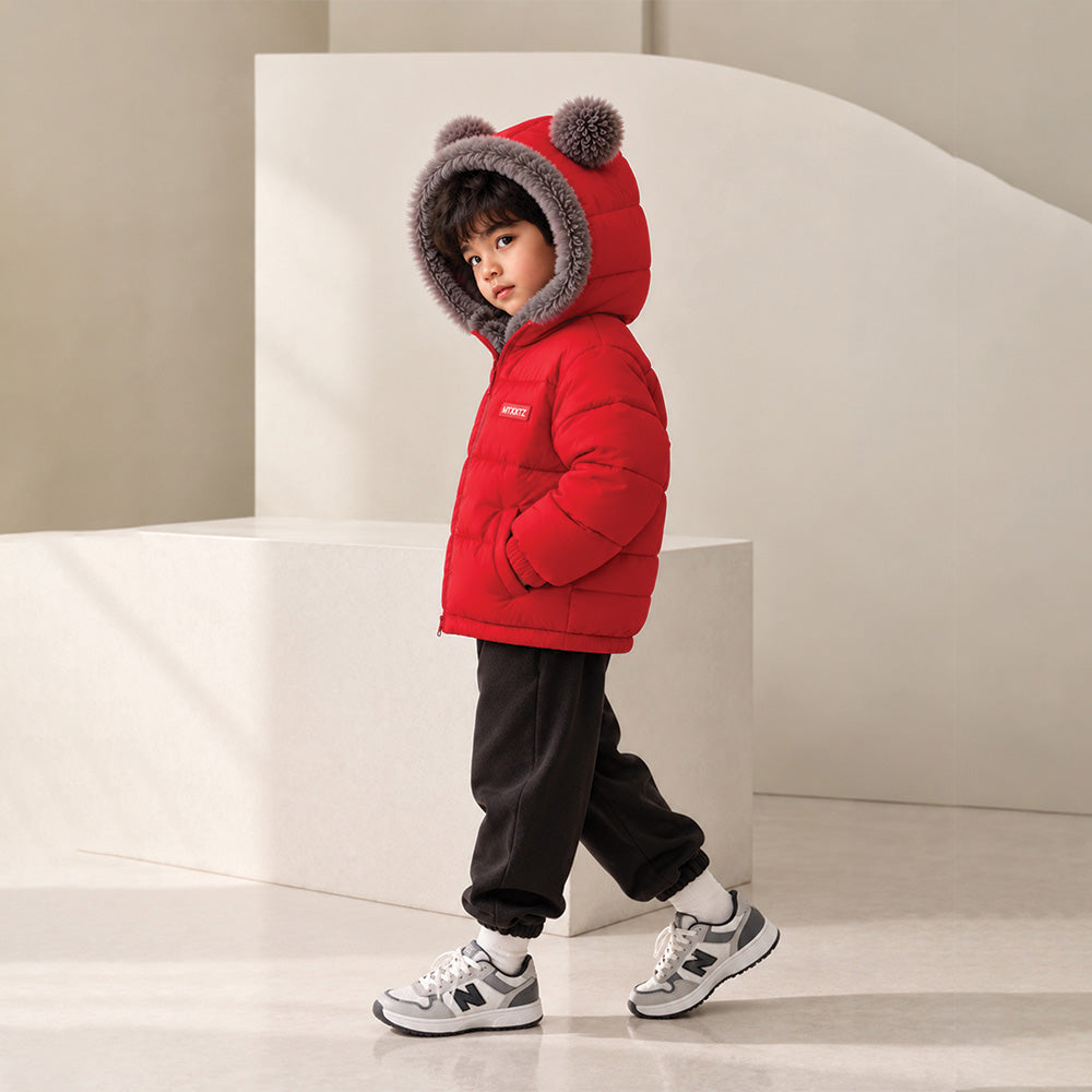 Little Surprise Box Red Bear-Ear Faux-Fur Hooded Quilted Winter Jacket for Kids