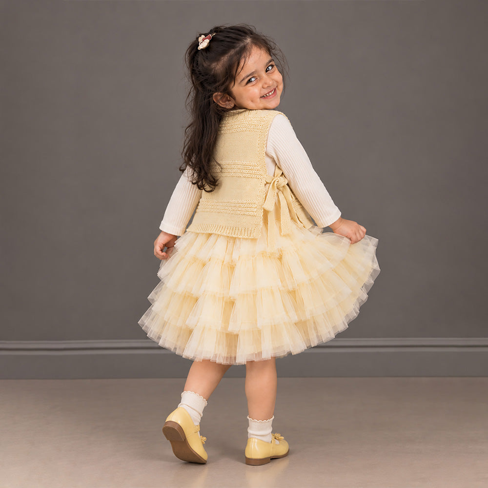 Little Surprise Box, Light Green Kitty Knitted Vest & White-Yellow Ruffle Frock Winterwear 2 Pcs Set for Girls