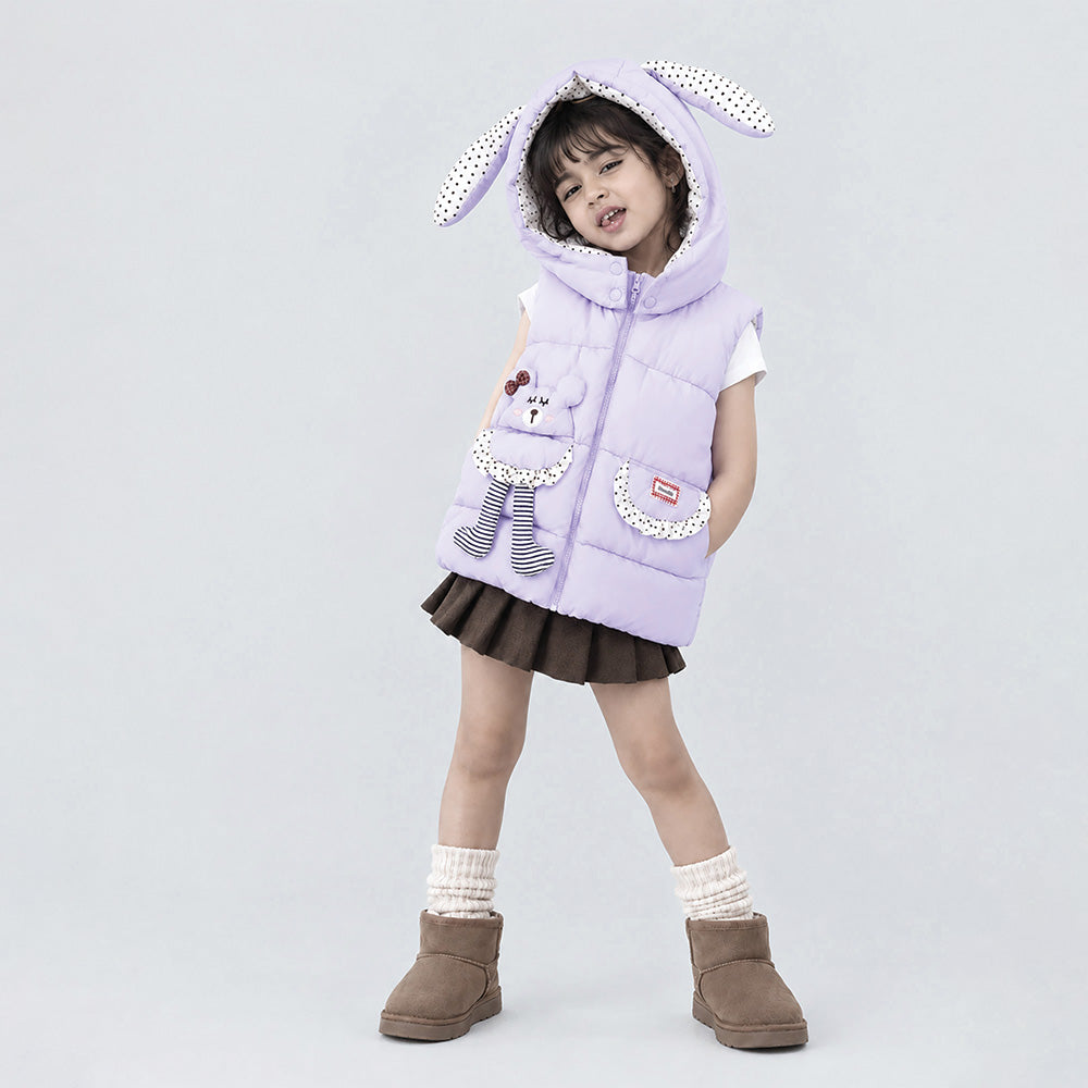 Little Surprise Box Purple Polka Dots Cute Character-Themed Quilted Hooded Sleeveless Winter Jacket for Kids