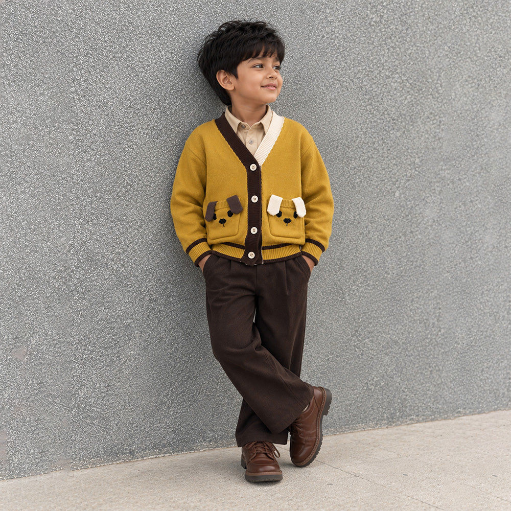 Little Surprise Box, Olive Yellow V-Neck Puppy Pocket V Neck Winter Cardigan Sweater for Kids