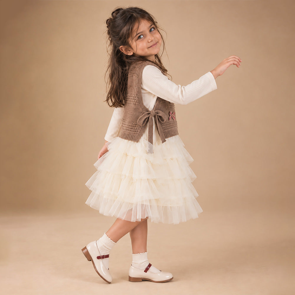 Little Surprise Box, Brown Kitty Knitted Vest & White-Ivory Ruffle Frock Winterwear 2 Pcs Set for Girls