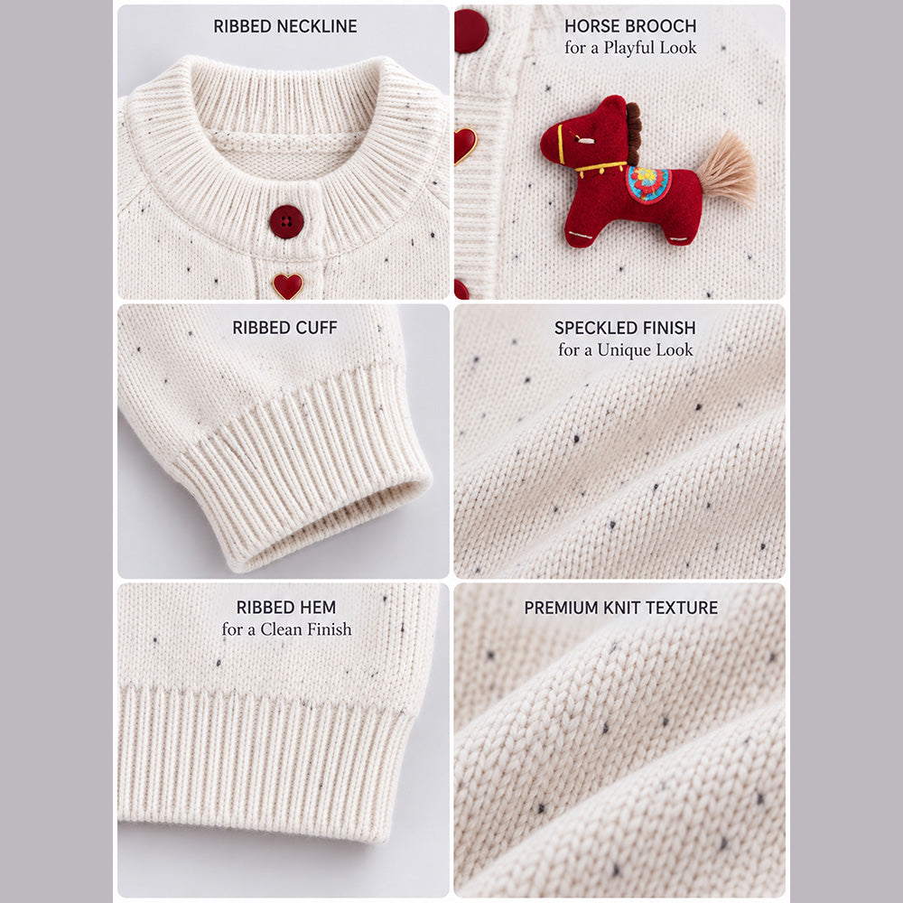 Little Surprise Box, Cream Little Pony Horse Winter Cardigan, Christmas Sweater with Horse Brooch for Kids