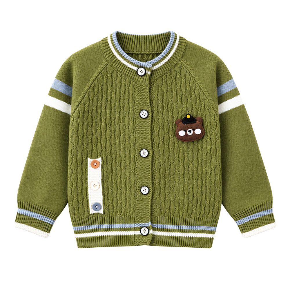 Little Surprise Box, Olive Green Bear Cap Winter Cardigan Sweater for Kids