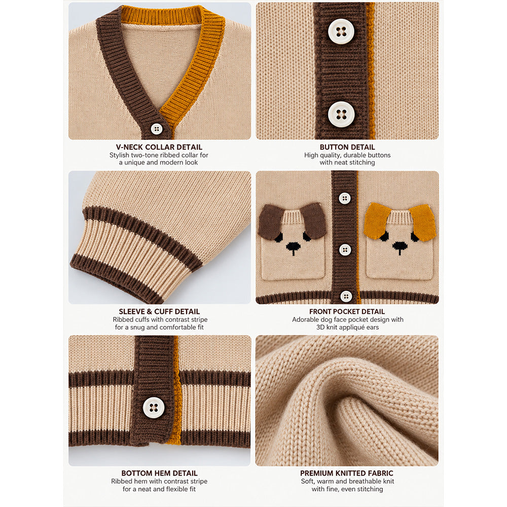 Little Surprise Box, Beige V-Neck Puppy Pocket V Neck Winter Cardigan Sweater for Kids