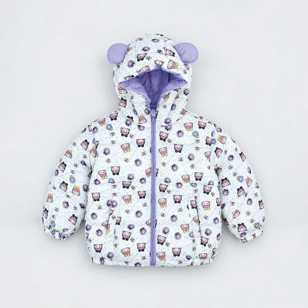 Little Surprise Box Cream & Purple Happy Girl Quilted Hooded Winter Jacket for Kids