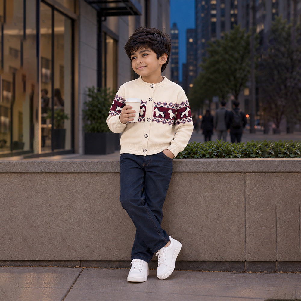 Little Surprise Box, Cream, Maroon & Navy Pattern Knitted Winter Cardigan, Christmas Sweater for Kids