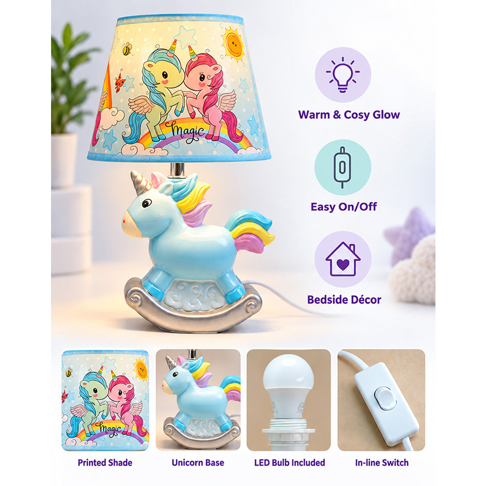 Little Surprise Box, Pink ceramic Rocking Unicorn side Bed Table Lamp, Kids Room Decor
