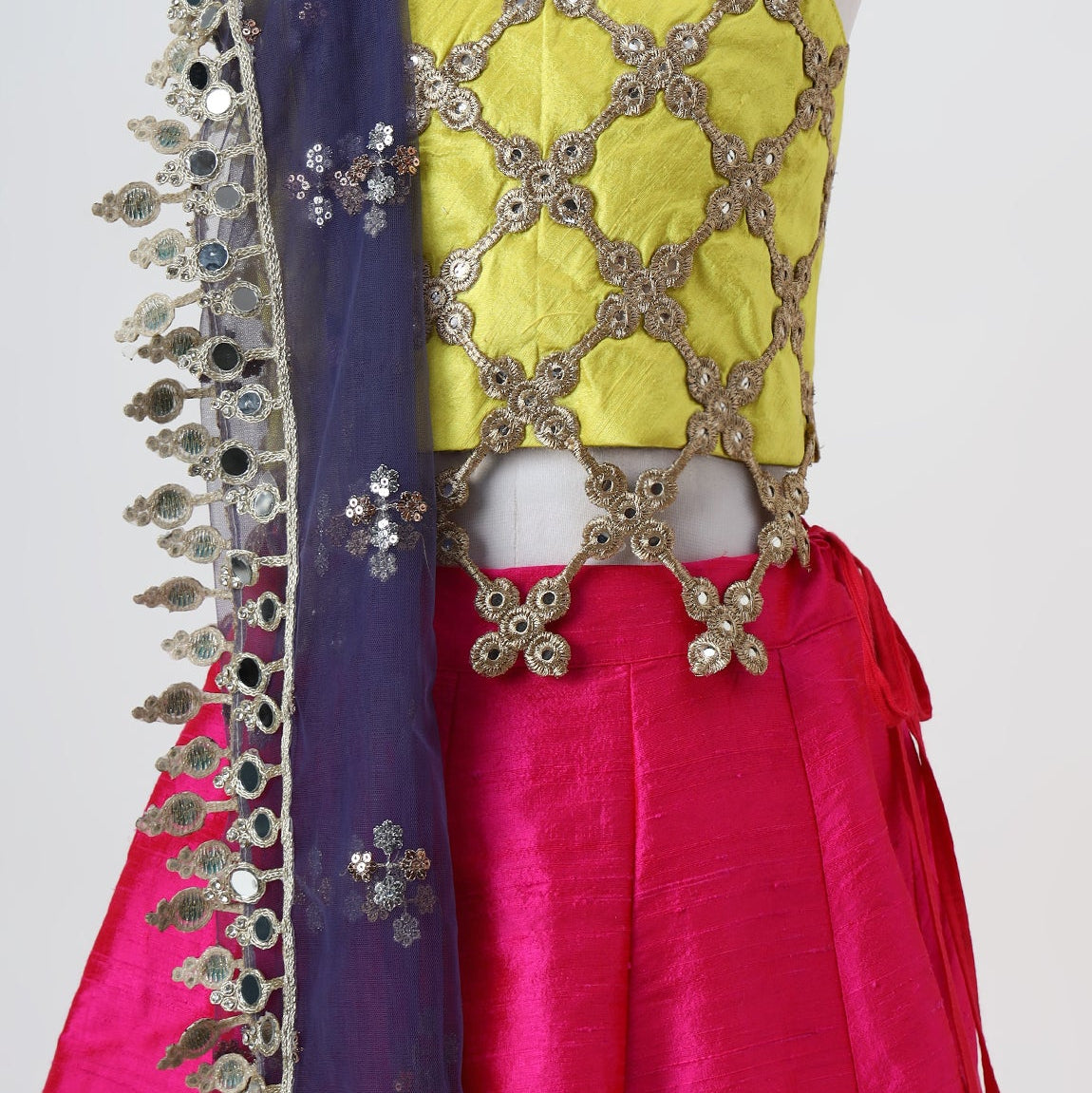 Yellow & Pink Organza Mirrorwork Lehenga Set - image 3
