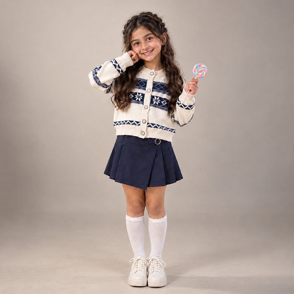 Little Surprise Box, Cream & Navy Blue Nordic Pattern Winter Cardigan Sweater for Kids