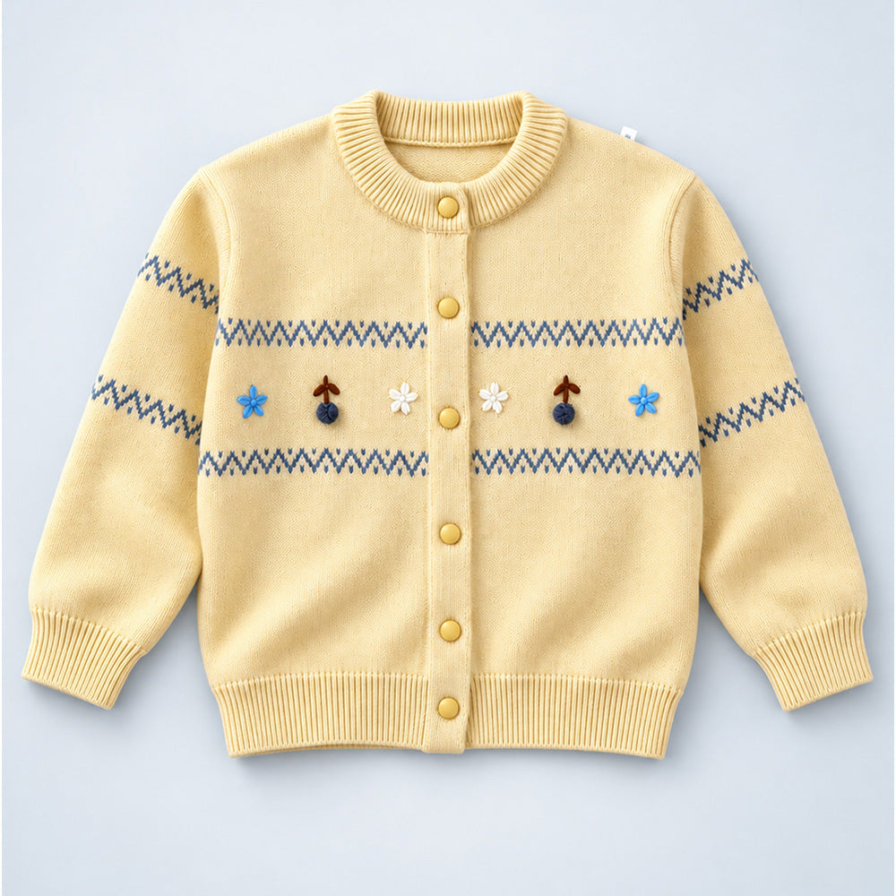 Little Surprise Box, Pastel Yellow Floral Knitted Winter Cardigan Sweater for Kids