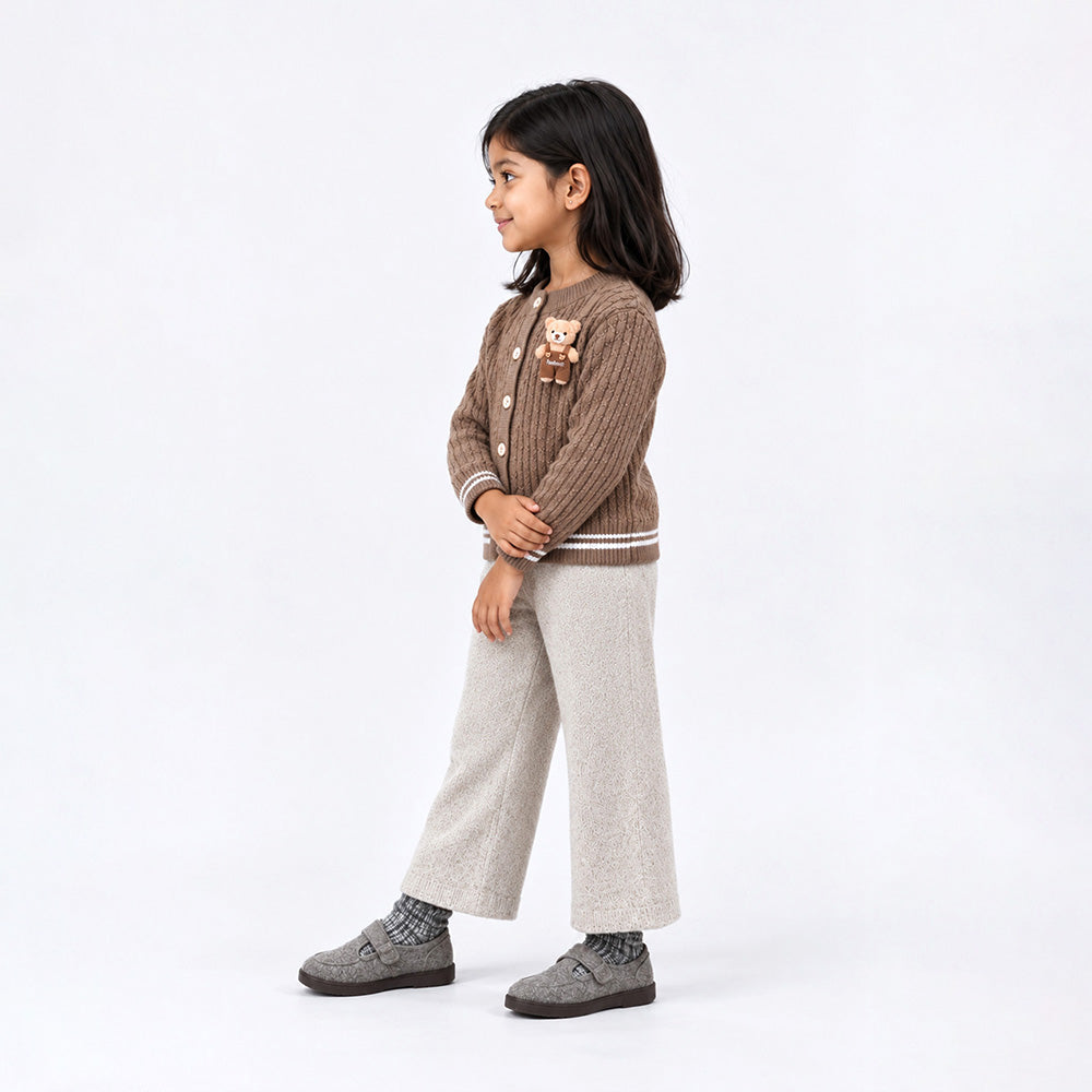 Little Surprise Box, Brown Cable-Knit Winter Cardigan Sweater with Detachable Teddy Clip for Kids