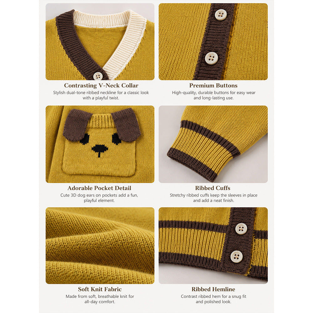 Little Surprise Box, Olive Yellow V-Neck Puppy Pocket V Neck Winter Cardigan Sweater for Kids