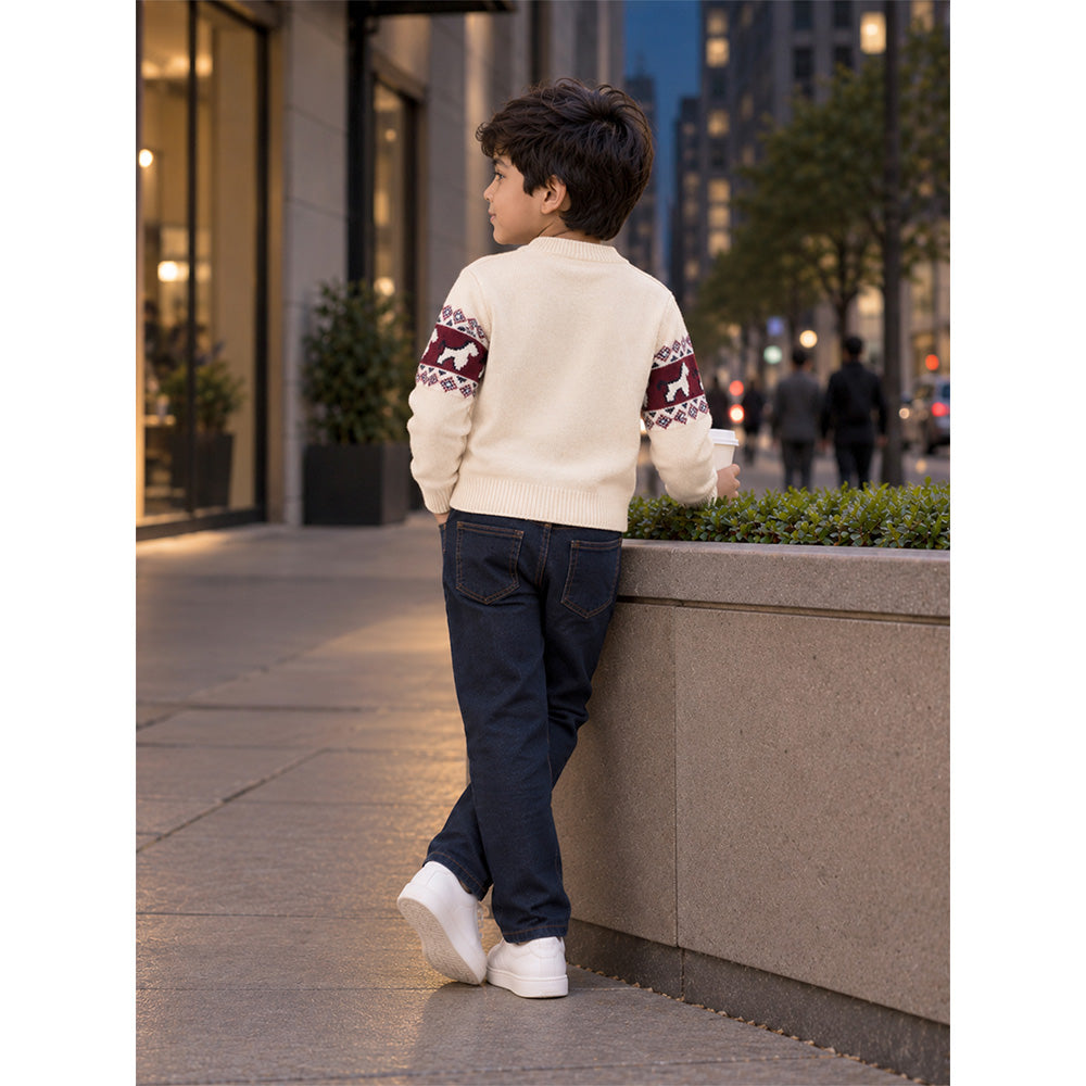 Little Surprise Box, Cream, Maroon & Navy Pattern Knitted Winter Cardigan, Christmas Sweater for Kids
