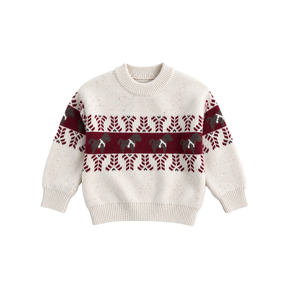 Little Surprise Box, Cream Horse Pattern Knitted Winter Cardigan, Christmas Sweater for Kids