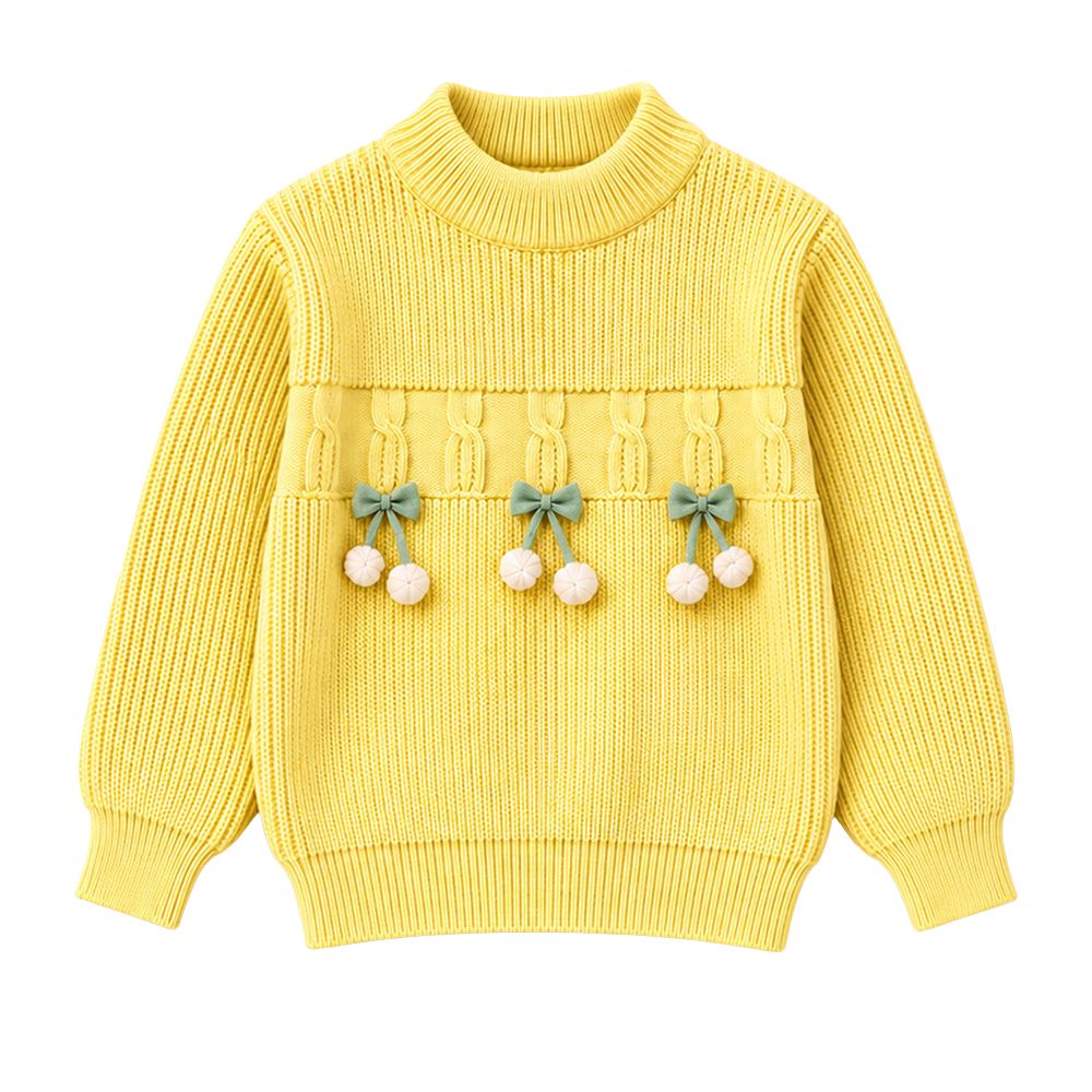 Little Surprise Box, Yellow Bow & Pom-Pom Knitted Winter Cardigan Sweater for Girls