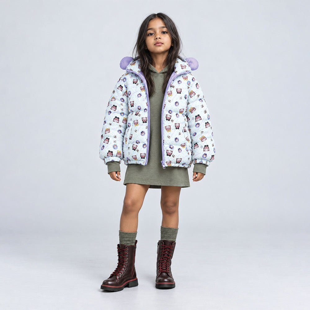 Little Surprise Box Cream & Purple Happy Girl Quilted Hooded Winter Jacket for Kids