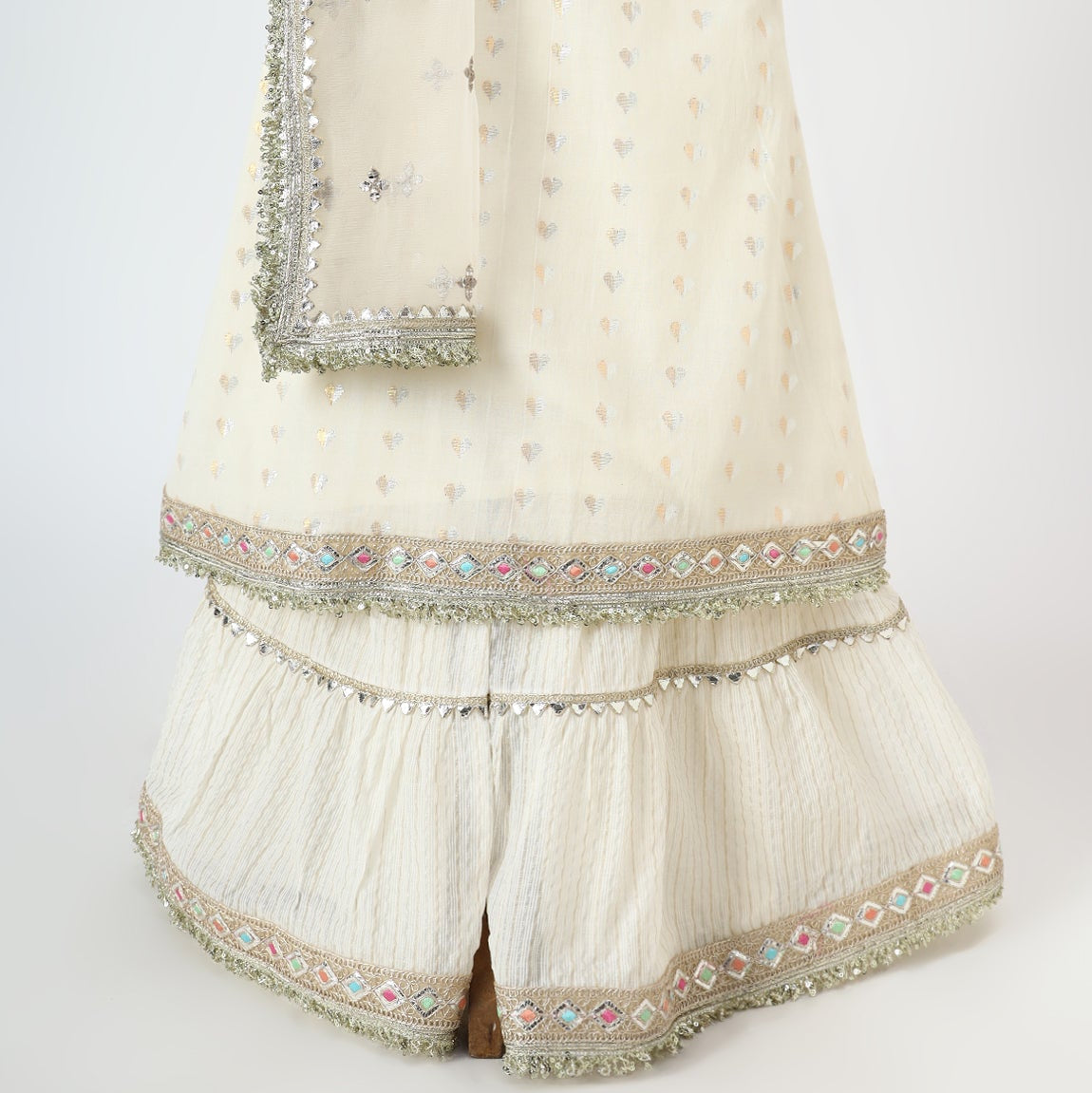 Off White Mirror Embellished Angrakha Kurta Sharara Set - image 3