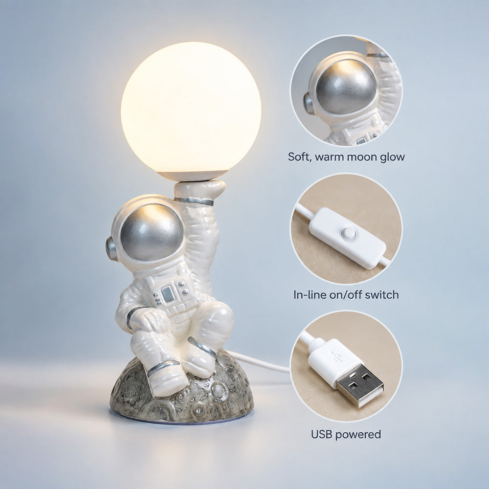 Little Surprise Box, Golden Astronaut Holding Moon, side Bed Table Lamp, Kids Room Decor