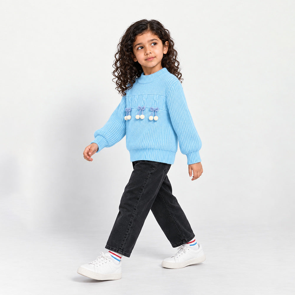 Little Surprise Box, Blue Bow & Pom-Pom Knitted Winter Cardigan Sweater for Girls