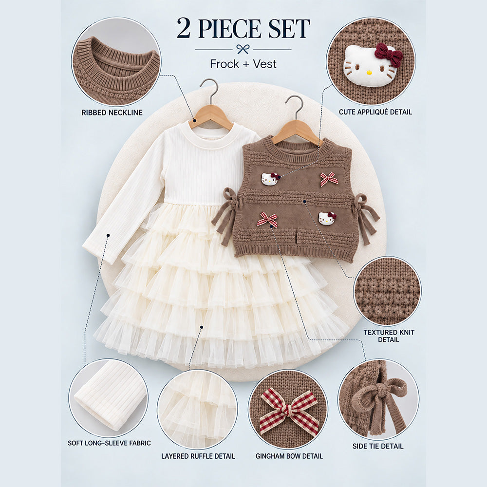 Little Surprise Box, Brown Kitty Knitted Vest & White-Ivory Ruffle Frock Winterwear 2 Pcs Set for Girls