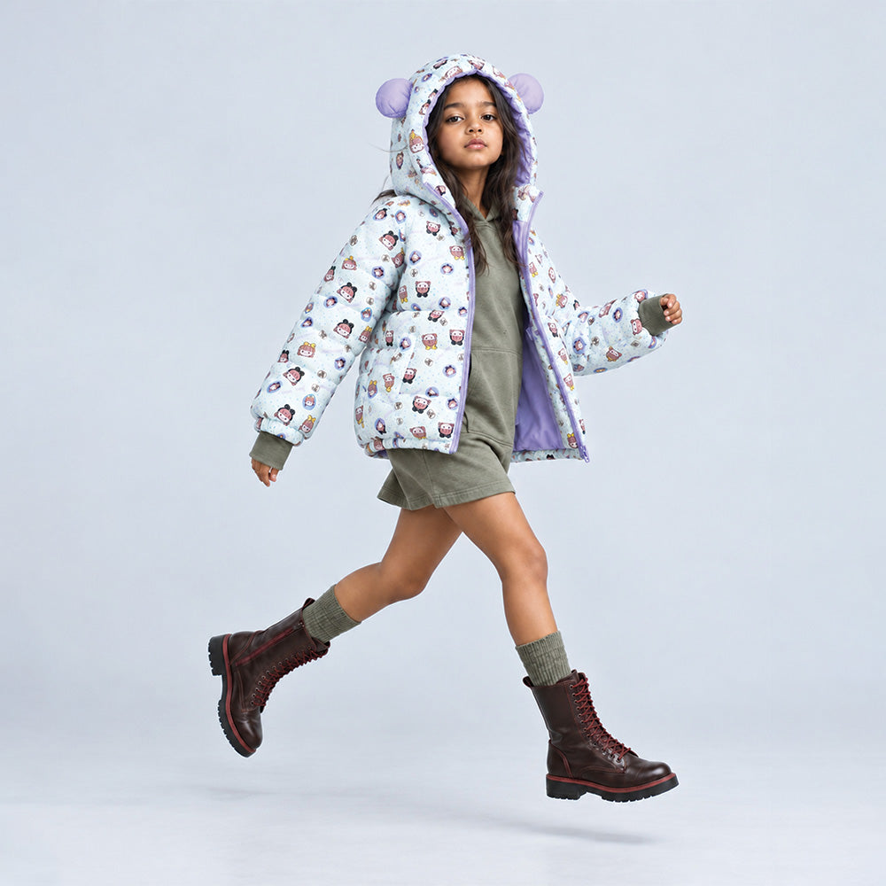 Little Surprise Box Cream & Purple Happy Girl Quilted Hooded Winter Jacket for Kids
