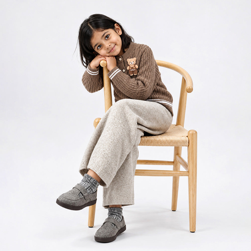Little Surprise Box, Brown Cable-Knit Winter Cardigan Sweater with Detachable Teddy Clip for Kids