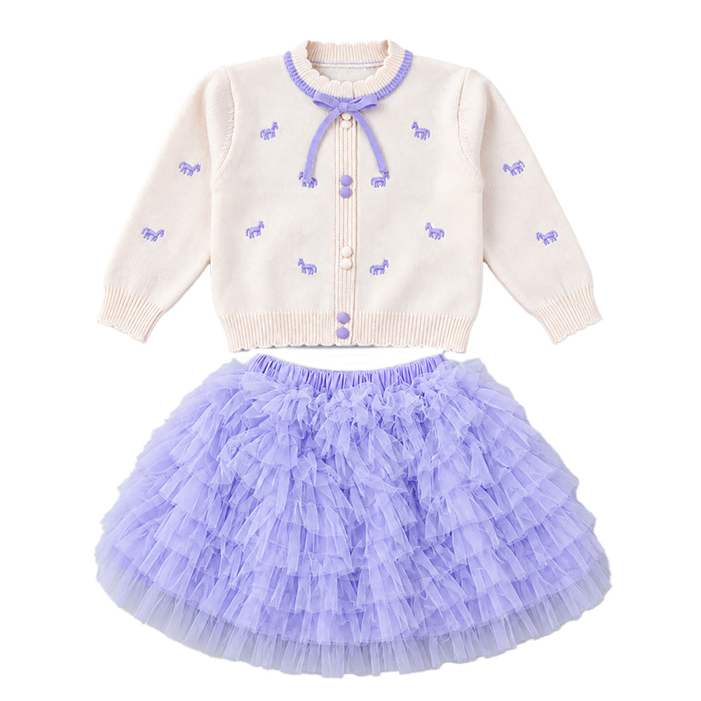 Little Surprise Box, Ivory Horse Sweater & Purple Ruffle Skirt with Detachable Bow Clip, Winterwear 2 Pcs Set for Girls