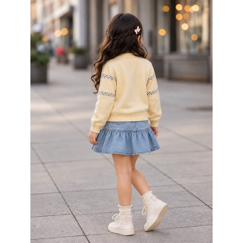 Little Surprise Box, Pastel Yellow Floral Knitted Winter Cardigan Sweater for Kids