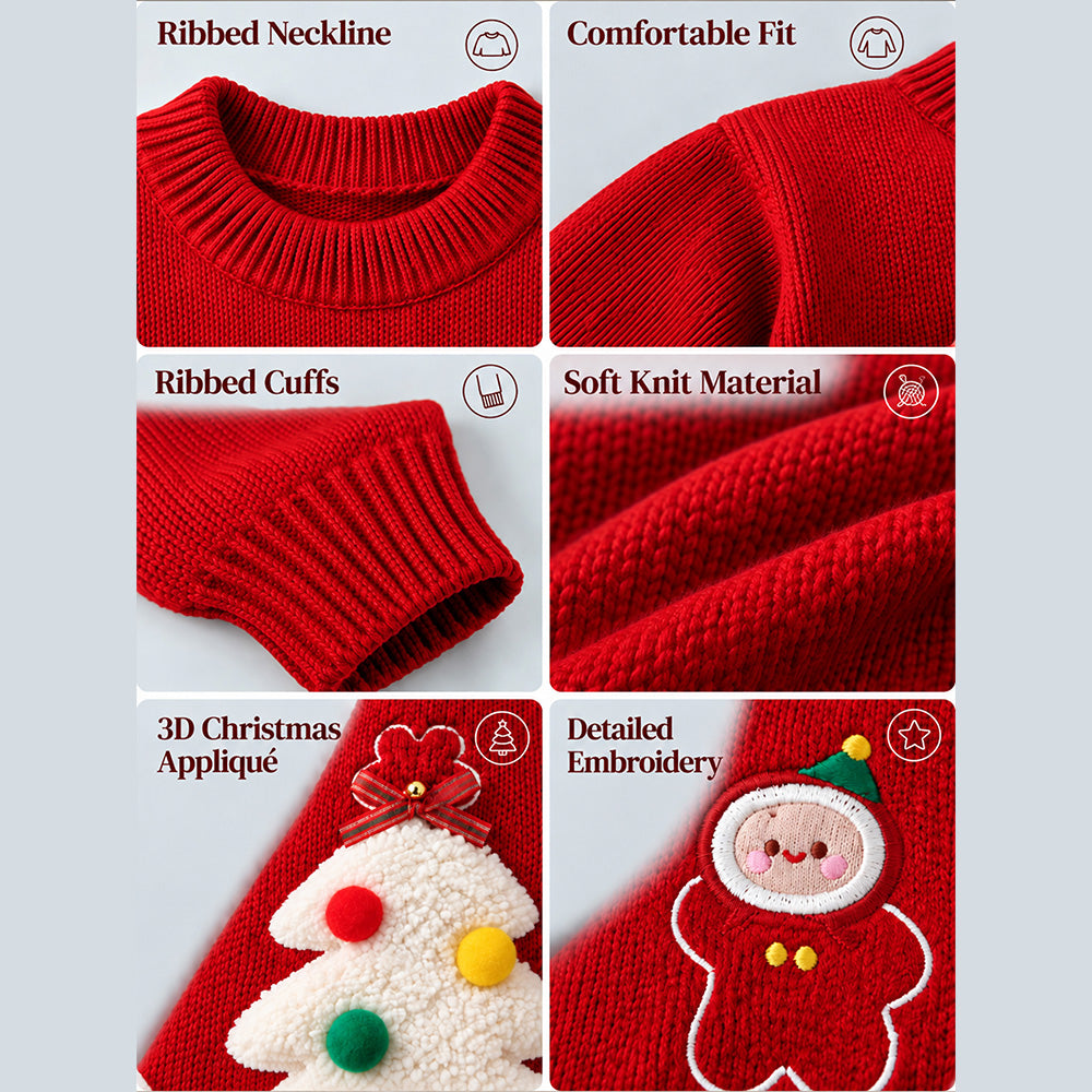 Little Surprise Box, Red Christmas Tree & Gingerbread Knitted Winter Cardigan, Christmas Sweater for Kids