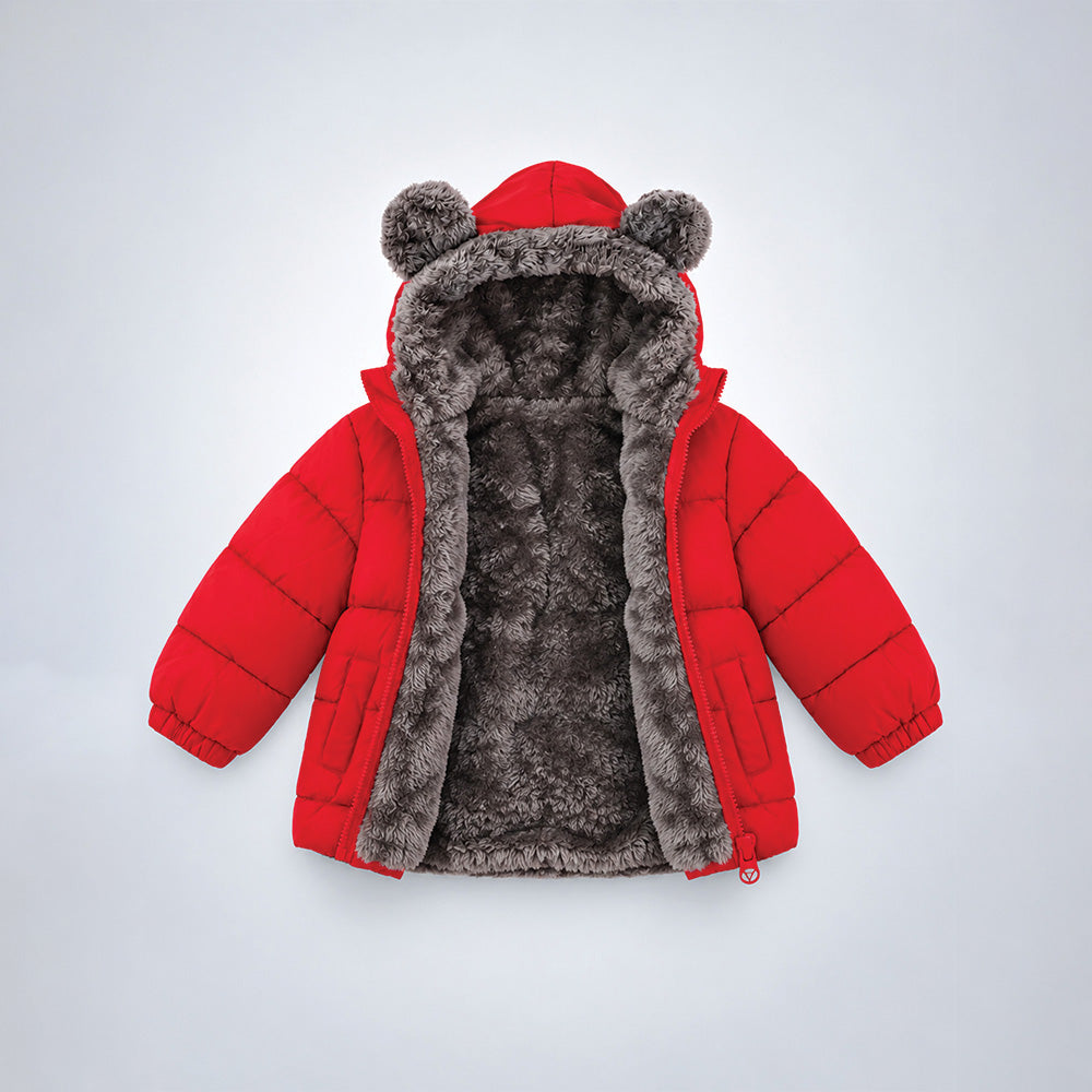 Little Surprise Box Red Bear-Ear Faux-Fur Hooded Quilted Winter Jacket for Kids